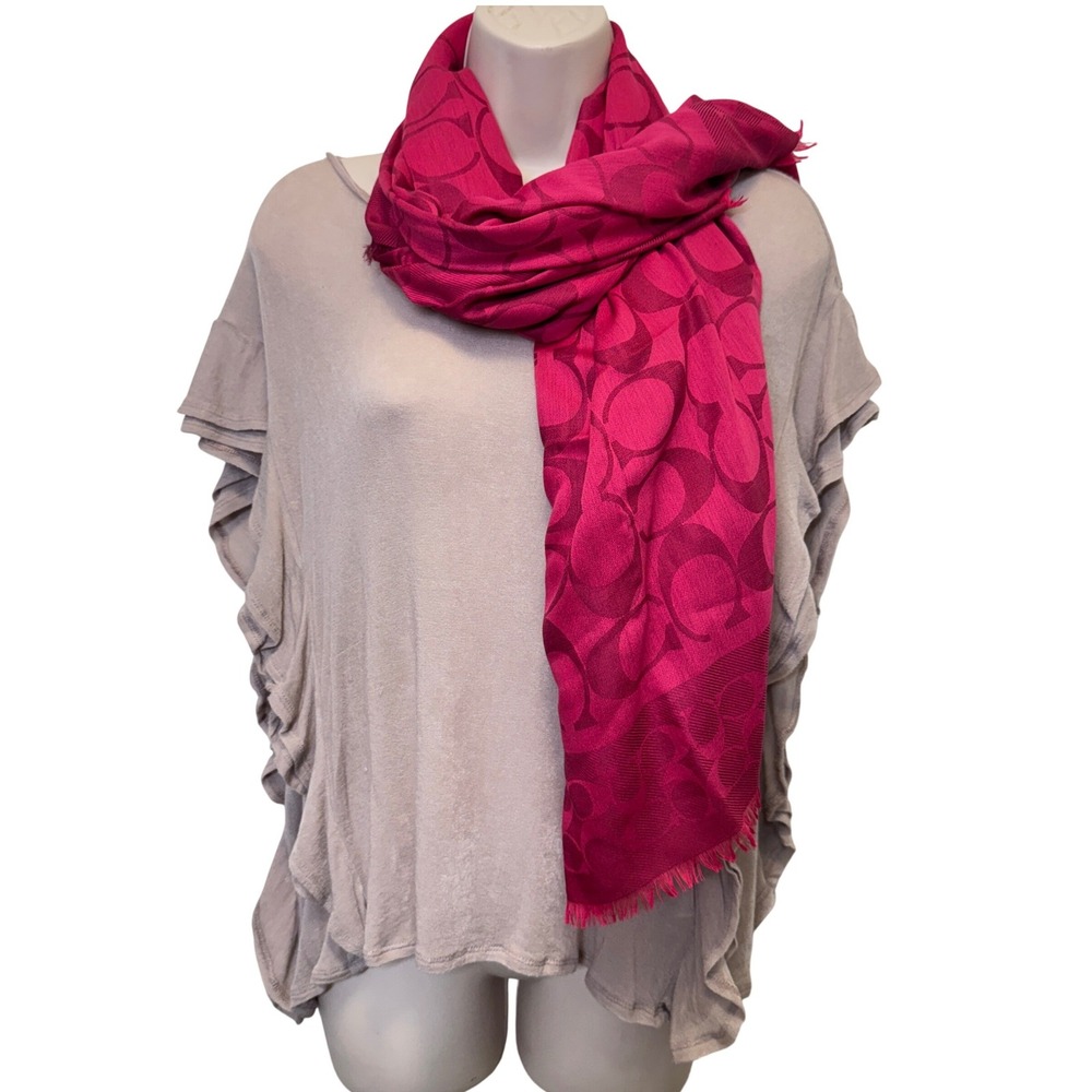 Coach Signature C Square Scarf 44x44 Cerise Pink Monogram Fringe Designer Italy